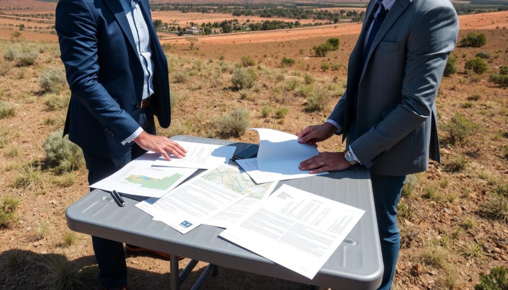 How to Sell Undeveloped Land: A Step-by-Step Guide for Maximum Profit 5 Two people negotiating over land sale documents at an outdoor table on the property Two people negotiating over land sale documents at an outdoor table on the property
